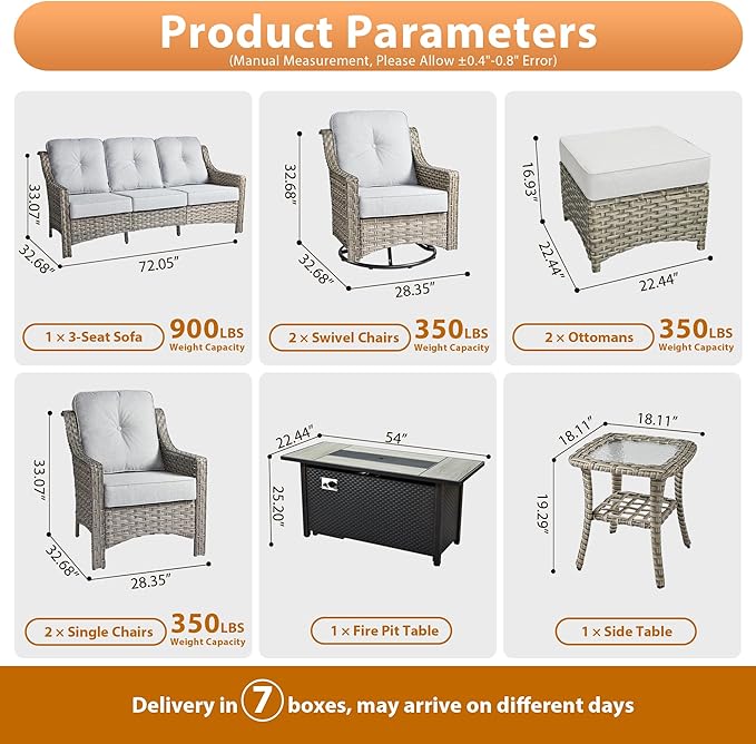 9 PCS Outdoor Patio Furniture Sets,Patio Conversation Sets Outside Rattan Soft Cushion Sofa with 2 Wicker Rocking Chairs & 54 in Fire Pit Table Fit Backyard Porch Garden Poolside Balcony,Light Grey