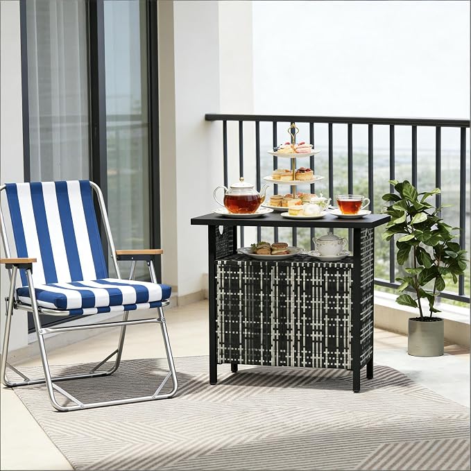 Outdoor Deck Box Storage Cabinet for Pool Towels and Patio Accessories, Wicker Style Patio Storage Box with Steel Frame and Wood Grain Top, 35.4 x 19.7 x 35.4 Inches, Mixed Color