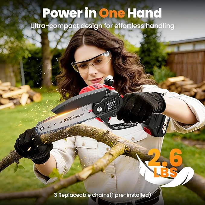 maXpeedingrods Mini Chainsaw Cordless, 6 inch Chainsaw Handheld Power Chain Saws with 2 Batteries, 3 x Durable Chains, Electric Chainsaw Lightweight Handheld Saw for Tree Trimming, Wood Cutting, Red