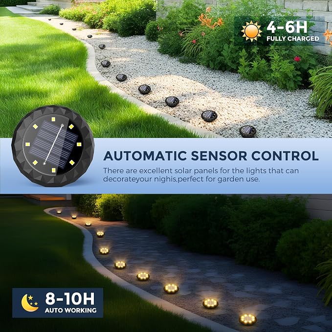 SOLPEX 12 Pack Small Solar Ground Lights, Driveway Lights Warm White | Solar Powered Pathway Lights Waterproof, Landscape Lighting for Walkway, Garden, Backyard, Patio- Black Lampshade