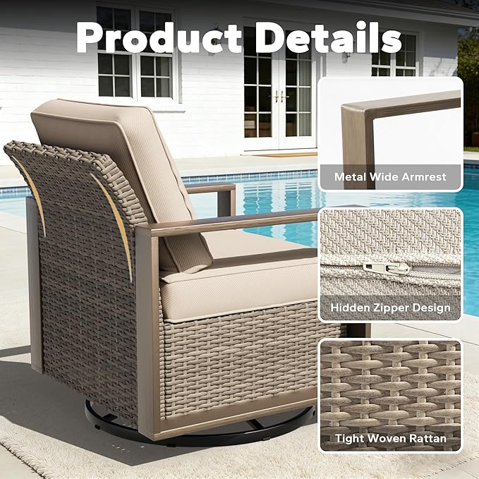 8 Pieces Metal Wicker Patio Furniture Set - 75" Sofa, Four Swivel Chairs and Two Ottomans, One Fireplace All Weather Rattan Outdoor Conversation Furniture with Washable Cushion for Deck, Beige