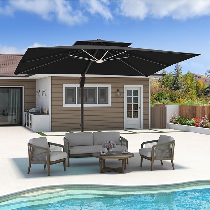 10x13 FT Cantilever Patio Umbrella with Led Lights Double Top Outdoor Rectangular Large Heavy Duty Aluminum Offset Umbrellas with 7 Level Tilt 360-degree Rotation for Pool Garden Deck, Black