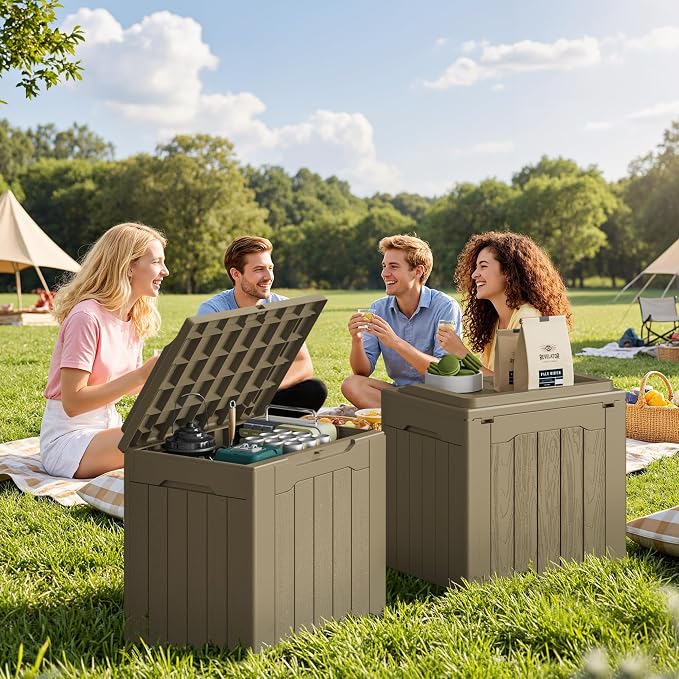 JUMMICO 31 Gallon Resin Deck Box Waterproof Indoor Outdoor Storage Boxes for Patio Furniture Cushions and Garden Tools (Light Brown, 31gallon-2 Packs)