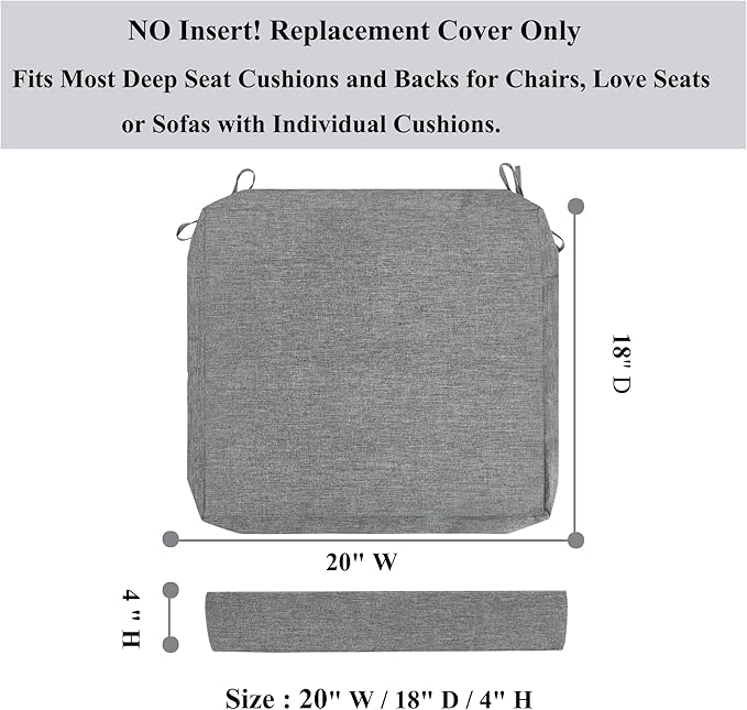 FUNHOME Outdoor Chair Cushion Covers 2 Pack, No Insert! Patio Cushion Covers Replacement 20" x 18" x 4", Water Resistant Chair Cushion Slipcovers, Grey (Covers ONLY)