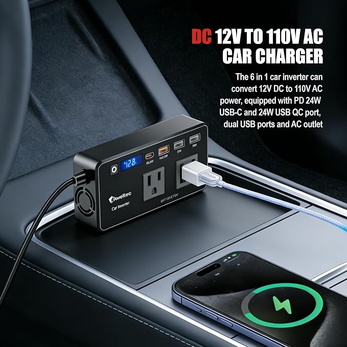 200W Power Inverter for Car – DC 12V to 110V AC Converter with LED Display & 4 USB Ports (24W PD USB-C) – Compact Vehicle Adapter for Laptop, Tablet, Phone – Road Trip Essential