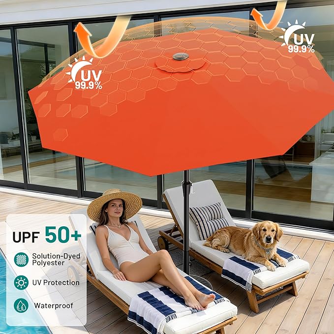 AreShark 10 FT Outdoor Patio Umbrella, Patio Table Umbrella with Push Button Tilt and Crank, Outdoor Patio Umbrellas with 8 Fiberglass Ribs, Patio Umbrellas for Market, Garden, Pool (Orange)