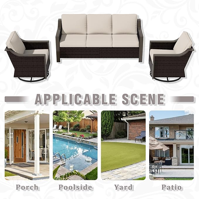 3 Piece Wicker Patio Conversation Set, All-Weather Use Outdoor Wicker Sofa with 2 PE Rattan Swivel Chair, Removable Water-Resistant Cushion, Ideal for Porch, Backyard, Balcony, Poolside, Beige