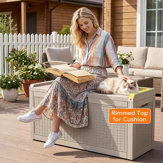 66 Gallon Outdoor Deck Box - Lockable Waterproof Storage Container, Resin Weatherproof Box for Patio Garden Furniture Pool Tools Cushions, Grey Bench