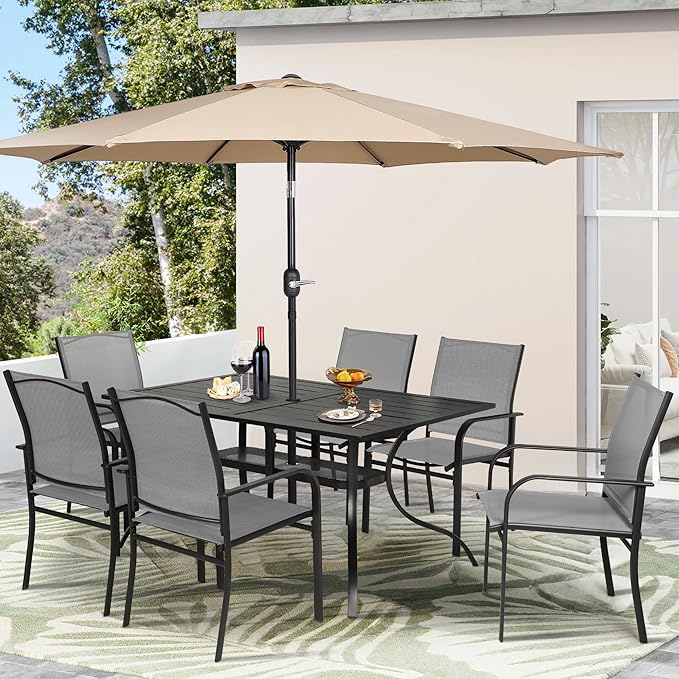 Crownland 7-Piece Patio Dining Set - 6 Textilene Metal Chairs & Rectangular Outdoor Dining Table with Khaki 9FT Round Outdoor Umbrella (Grey)