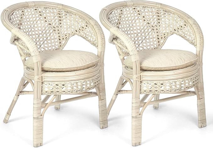 3 Pcs Pelangi Rattan Wicker Dining Set Round Table Glass Top and 2 Arm Chairs with Cream Cushion, White Color