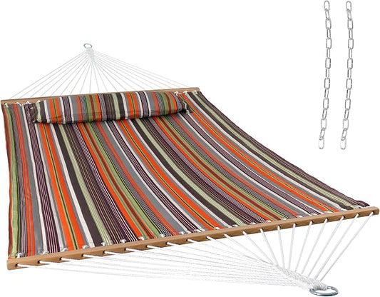 Sunnydaze Quilted Double Hammock for Outside with Spreader Bars and Pillow - 450 lb Capacity, 74x55 Inch Bed, UV Resistant, Quick Dry - Chains Included, Stand Sold Separately - Canyon Sunset