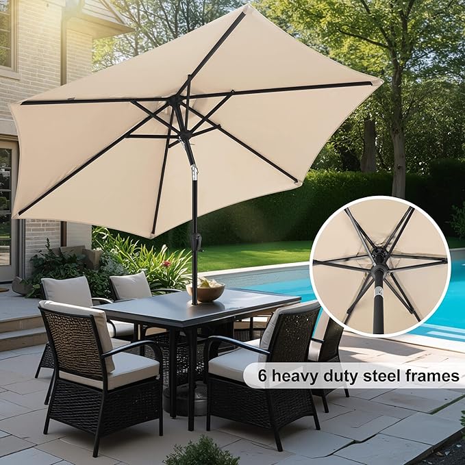 FLAME&SHADE 10ft Patio Umbrella - Outdoor Umbrella with 6 Sturdy Ribs, Push Button Tilt and Crank, UV Protection Table Market Umbrella for Pool, Porch, Garden, Deck, Backyard (Beige)