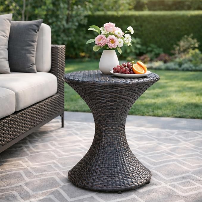 Outdoor Wicker Side Table, Hourglass Shape, Brown
