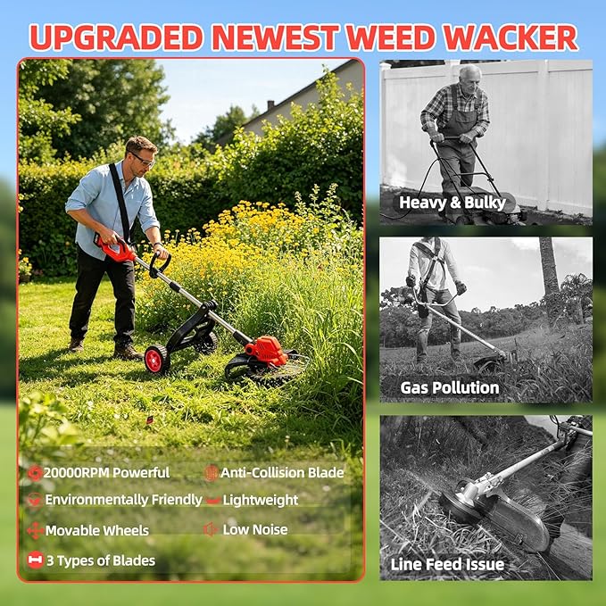 Electric Weed Wacker with Wheel, 3-in-1 Brushless Brush Cutter/String Trimmer/Grass Trimmer/Lawn Mower, 12" Cordless Weed Eater Battery Powered, 2 * 4000mAh Battery, 4 Blade and Charger