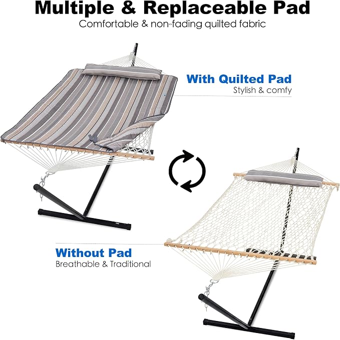 GAFETE 2 Person Hammock with Stand for Outside, 52inch Double Cotton Rope Hammock with Polyester Pad, Heavy Duty Steel Stand, Large Removable Pillow, Storage Bags, Max 475 lbs Capacity (Dove with Pad)