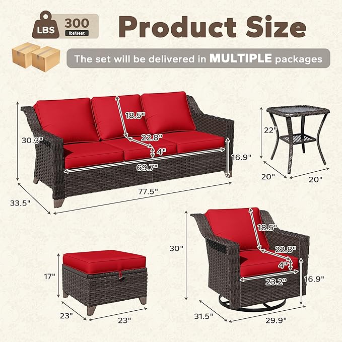 6 Pieces Patio Conversation Furniture Set - 1 Sofa, 2 Swivel Chairs, 2 Ottomans, 1 Side Table, Outdoor Wicker Furniture with Removable Cushions for Porch, Balcony, Sunroom (Red)