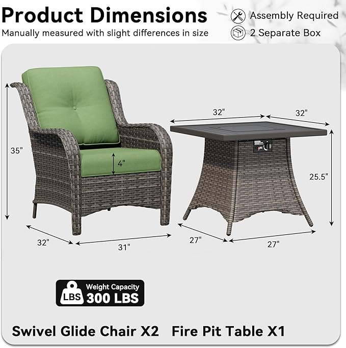 3 Pieces Outdoor Wicker Patio Furniture Set with Fire Pit Table, Patio Chair Set with Thickened Olefin Cushions, High Back and Deep Seating, Hand-Woven PE Rattan for Porch, Deck