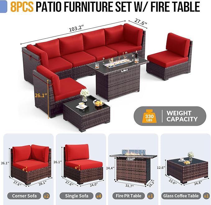 Outdoor Patio Furniture Set with 44" Fire Pit Table 8 Pieces Rattan Patio Sectional Sofa Conversation Set w/55000 BTU Propane Gas Fire Pit, Coffee Table, 2 Waterproof Covers, Red