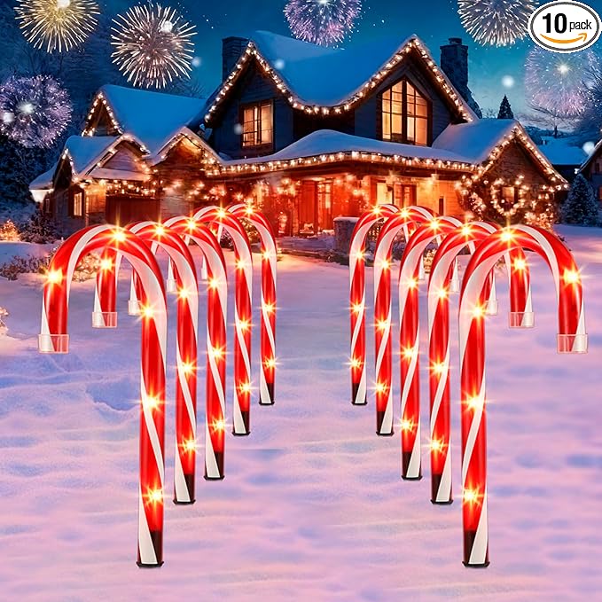 Candy Cane Christmas Lights Outdoor, 10 inch Lighted Candy Cane Yard Lights with Set of 10 Candy Canes Outdoor Walkway Christmas Lights Pathway Lawn Yard Decorations