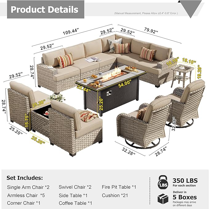 HOOOWOOO Outdoor Sectional Patio Furniture Set with Fire Pit Table,13 Pieces Wicker Conversation Sets L Shaped Couch,Extra Deep Out Door Sofa Outside Furniture with Swivel Rocking Chairs,Beige