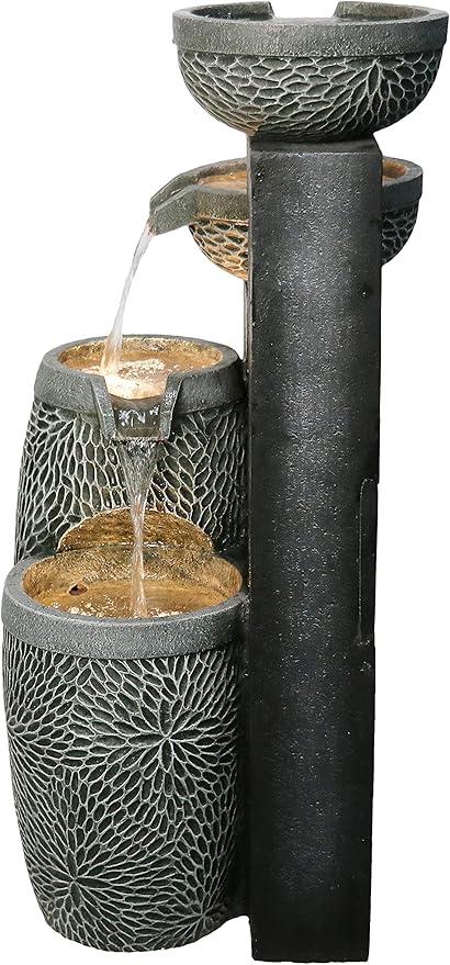 Hi-Line Gift Ltd. 4 Tiers Modern Cascading Water Fountain Outdoor with Warm White LEDs, Gray