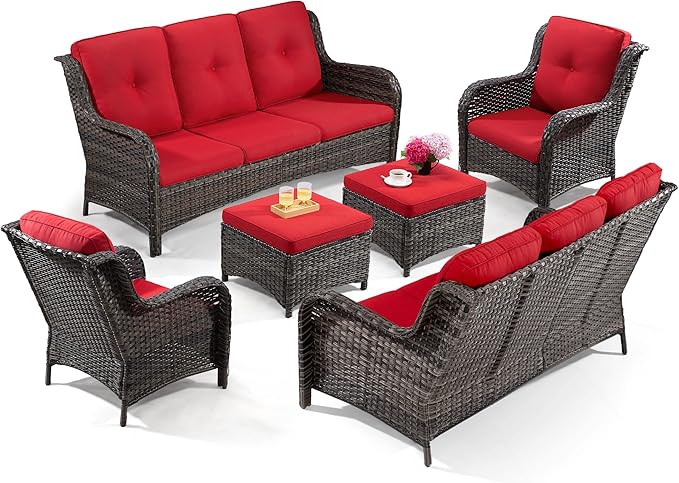 Outdoor Wicker Couch Set 6 Pieces - Outdoor Wicker Patio Furniture Set with 2 Armchairs, 2 Couch and 2 Ottomans, Olefin Cushions Included(Mixed Grey/Red)
