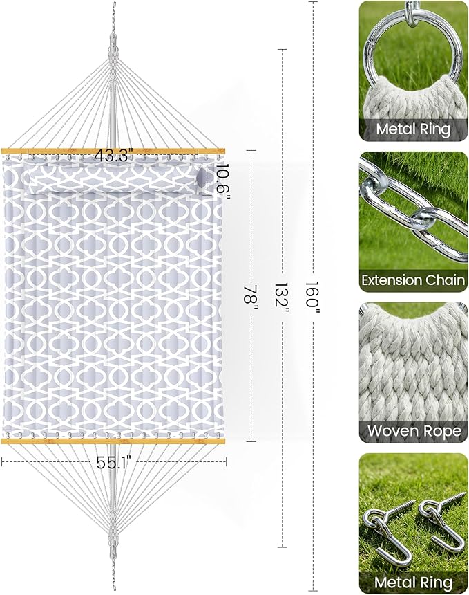 Double Quilted Outdoor Hammock for 2 Adults, 500lb Capacity Backyard & Camping Hammock with Pillow and Bamboo Spreader Bar, Fits 11–15ft Hammock Stands (Stand Not Included),Light Gray