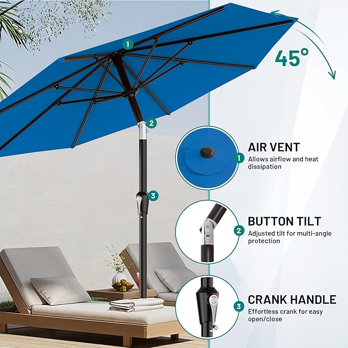 AreShark 10 FT Outdoor Patio Umbrella, Patio Table Umbrella with Push Button Tilt and Crank, Outdoor Patio Umbrellas with 8 Fiberglass Ribs, Patio Umbrellas for Market, Garden, Pool (Royal Blue)