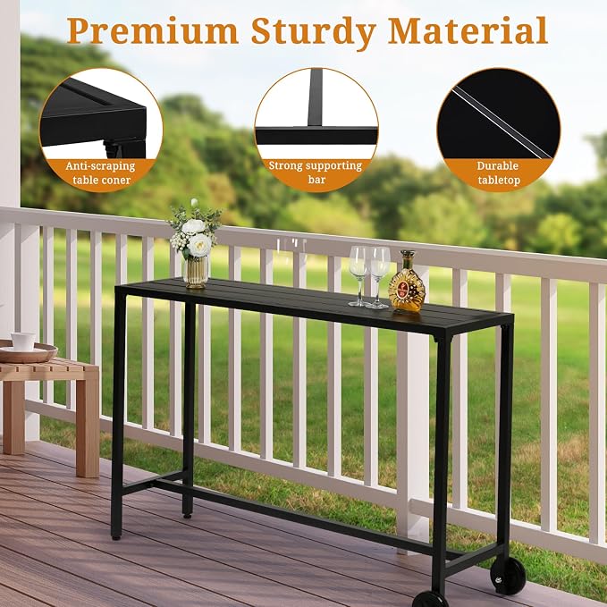 55" Narrow Rectangle Outdoor Bar Table, 380 LBS Capacity Waterproof Metal Table with Wheels & Adjustable Feet, Space Saving All Weather Bar Console Table for Patio Poolside Balcony Black