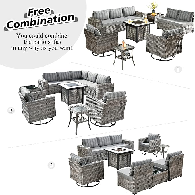 HOOOWOOO Outdoor Patio Sectional Furniture Sofa Set with Fire Pit Table,10 Piece Modern Wicker Couch with Swivel Chairs,Modular Conversation Seating Set with Widened Armrest for Garden(Grey Strips)