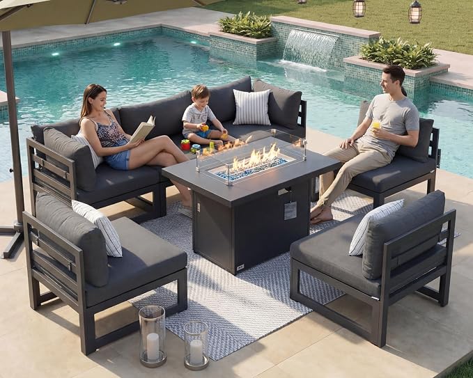 RADIATA 7 Piece L-Shaped Contemporary Aluminum Outdoor Furniture Set with Firepit, 29" Deep Wide Large Couch Set, 500 lbs High Weight Capacity Modular Patio Sectional Sofa for Garden Lawn, Dark Grey