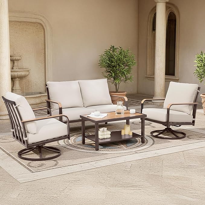 NATURAL EXPRESSIONS 4 Pieces Patio Furniture Sets,Modern Metal Outdoor Conversation Sofa Sets with High Back Swivel Rocking Chairs,Loveseat,Double-Deck Wooden-Grain Metal Table, 6" Cushions Beige