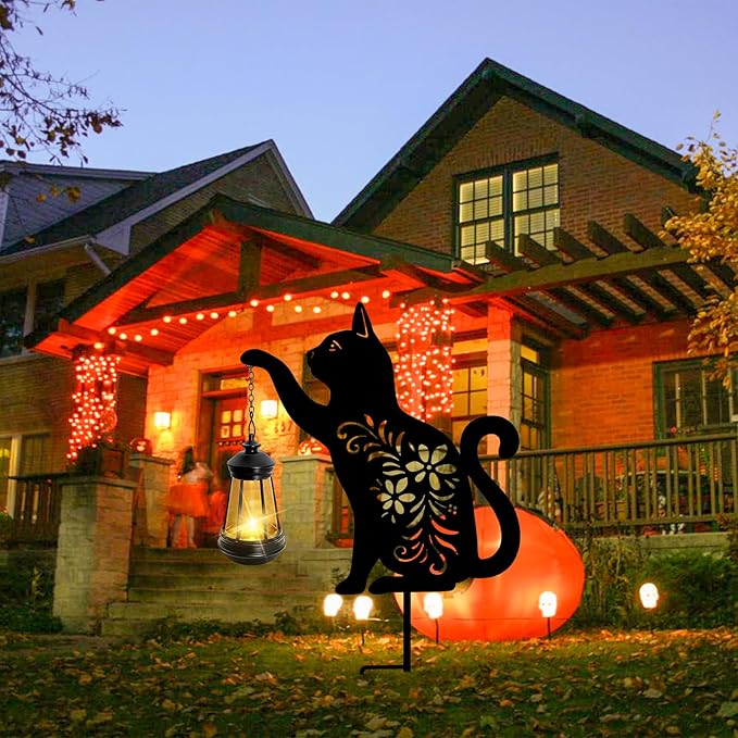 Bshine Cat Solar Light Outdoor Garden Decoration, Waterproof Metal Stake Black Outdoor Statue Lantern, Lawn Ornaments for Yard, Path, Patio, Sculpture Black Cat Memorial Gift