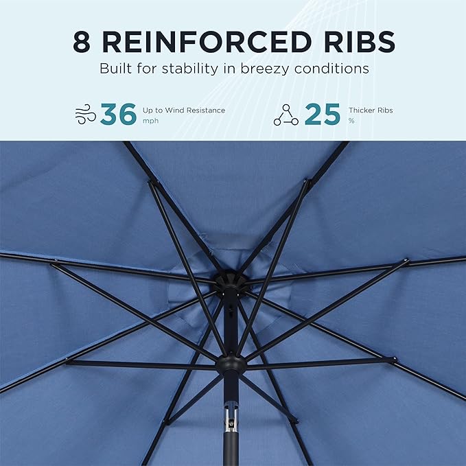 9FT Outdoor Patio Umbrella with Crank Lift & Auto Tilt - Market Umbrella, 8 Heavy-Duty Ribs, UV Resistant & Water-Repellent for Garden, Deck, Poolside & Backyard