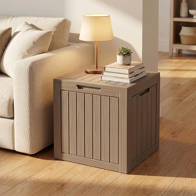 35 Gallon Deck Box Outdoor Waterproof, Resin Storage Box Outdoor Lockable, Multipurpose Outside Container for Patio Cushions, Garden Tools & Package Drop, UV & Fade Resistant Gray Brown