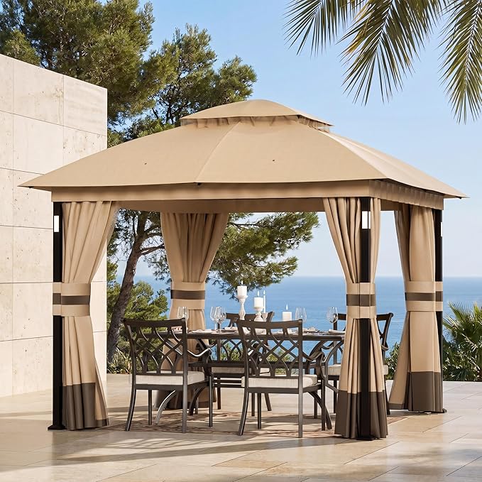 Covered Outdoor Patio Gazebo 10'x10' with LED Lights & Bluetooth Speaker, Heavy Duty Outdoor Canopy Shelter with Metal Frame, Double Roofs, Soft Top Gazebo with Netting and Curtains, Khaki