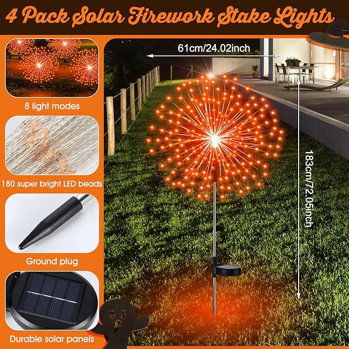 Tujoe 4 Pcs Christmas Solar Decoration Outdoor Orange Solar Firework Lights 180 LED 8 Modes Waterproof LED Stake Sparkler Decor for Holiday Walkway Pathway Garden Driveway Path Lawn Yard (Orange)