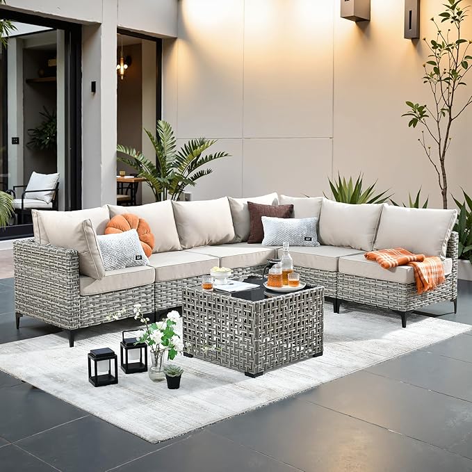 Outdoor Patio Furniture Sets,7 PCS Patio Conversation Set Outside Rattan Sectional Sofa with Coffee Table Fit Backyard Porch Garden Poolside Balcony
