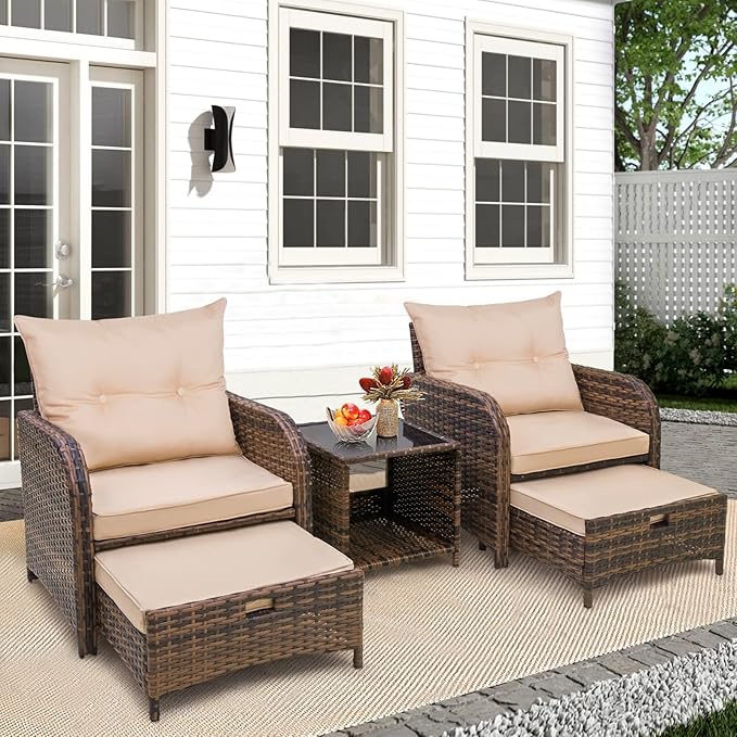 5 Pieces Patio Chairs Set with Ottomans, All Weather PE Rattan, Outdoor Conversation Furniture with Table, Beige