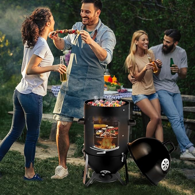 VINGLI 4-Tier 3-in-1 Vertical Charcoal Grill, 18.8 Charcoal Smoker with Built-in Thermometer, Air Vent and Access Doors, Perfect for Outdoor Cookings, Camping, Picnics, BBQs, and Tailgating Parties