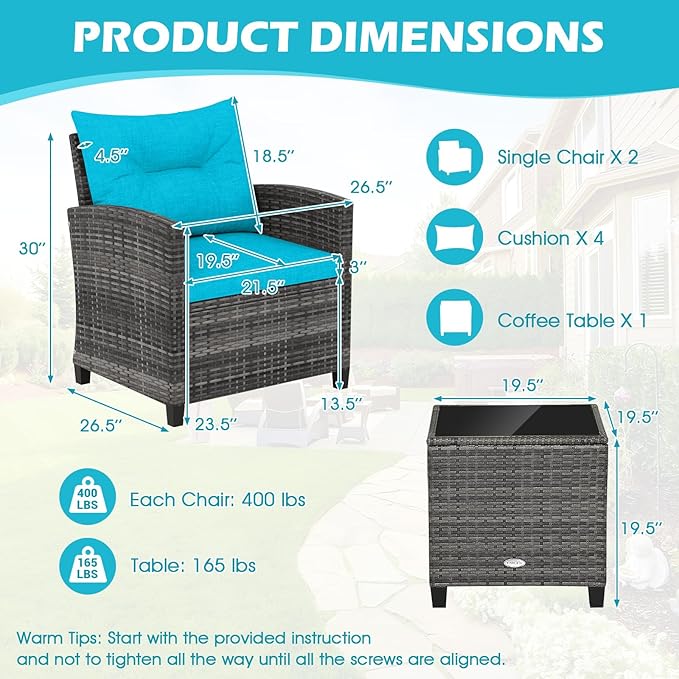 ORALNER Patio Furniture, 3 Pieces Outdoor Wicker Conversation Set Chairs with Soft Cushions and Glass Coffee Table, Rattan Bistro Set for Balcony Garden Deck Front Porch Poolside (Turquoise)