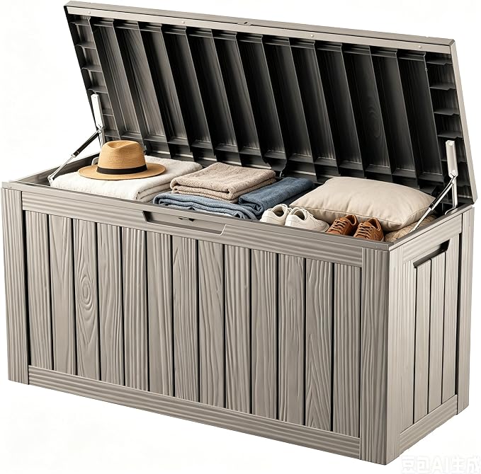 98 Gallon Large Deck Box, Waterproof Resin Outdoor Storage Box Lockable, Patio Storage Bench for Furniture Cushions & Garden Tools, 2-Person Seat, UV-Resistant, Gray Brown