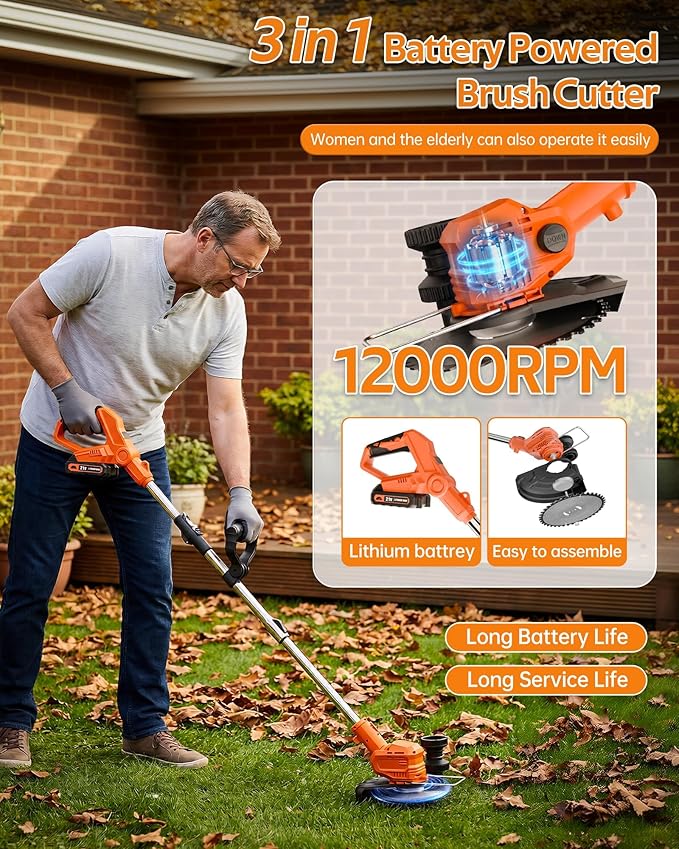 21V Cordless Weed Wacker Battery Powered, 2-in-1 Electric Brush Cutter & String Trimmer - Foldable Grass Edger with Circular & Square Blades for Lawn Garden Yard Maintenance,Red
