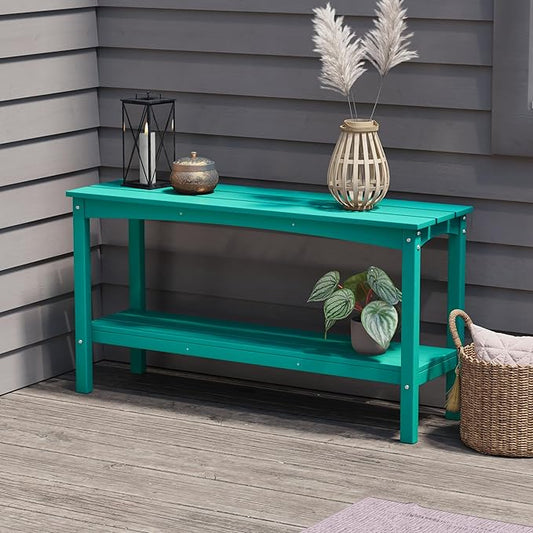 Costaelm Adirondack Outdoor Side Table, 55” HDPE Small Outside Table with Storage Shelf, Weather Resistant Plant Shelf, Outdoor Coffee Table and Buffet Table for Pool & Yard, Turquoise