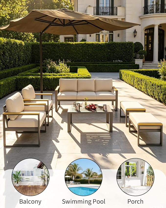 IDEALHOUSE Aluminum Patio Furniture Set, 7 Seats Outdoor Patio Conversation Sets with Coffee Table, 6 Pieces Metal Conversation Sectional Furniture Sofa for Balcony, Garden, Deck, Backyard,Beige