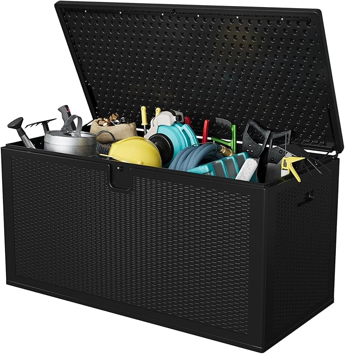 Takywep 150 Gallon Resin Outdoor Deck Storage Box, Weather Resistant Patio Storage Bin with Lockable Hinged Lid, Built-in Side Handles, Weight Bearing Bench Seat for Garden Pool Porch Supplies, Black
