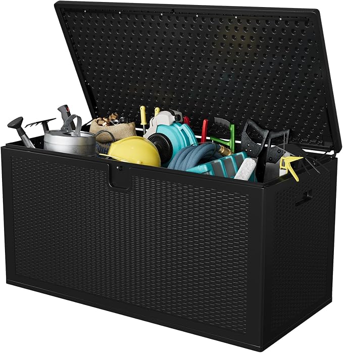 150 Gallon Resin Deck Box, Heavy Duty Outdoor Storage Box with Lockable Lid, Waterproof Weatherproof Container for Patio Cushions, Garden Tools, Backyard & Porch – Black