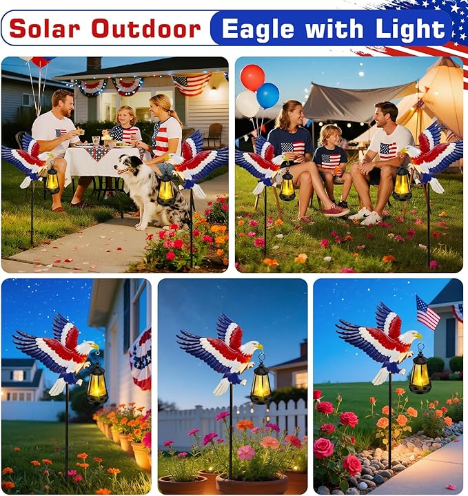 4th of July Decorations Outdoor Solar Lights, Solar Eagle Garden Lights with Lantern, Patriotic Eagle Stake Light for Yard Lawn Garden Patio, USA 250th Anniversary Decor for Memorial Day Veterans Day