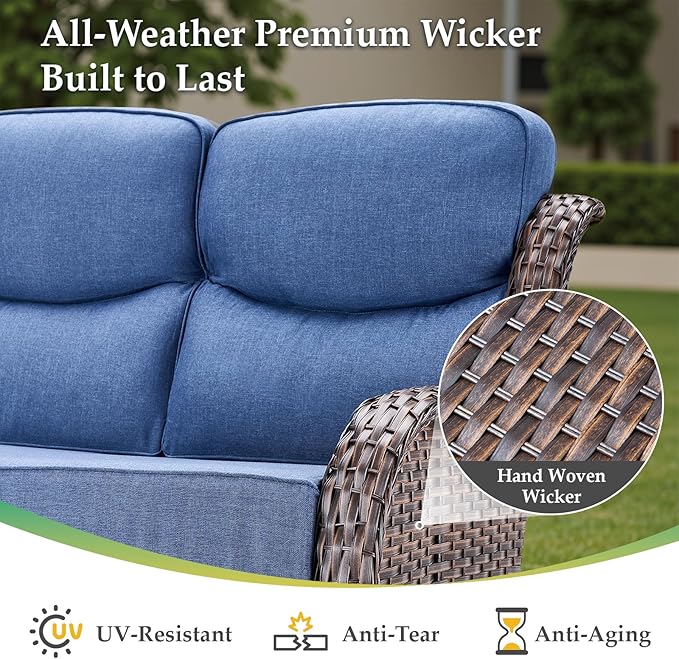 Luxury 8 Pieces Outdoor Patio Furniture Set-All Weather Wicker Swivel Rocker Patio Chairs with 6" Thick Cushion Rattan Sofa Coffee Table, Outdoor Conversation for Garden Porch Backyard(Brown/Blue)