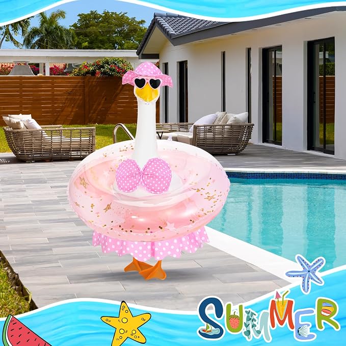 Hawaiian Porch Goose Outfits Summer Bikini Goose Outfit Fits 23" Goose Statue with Hat Sunglasses & Swimming Ring for Cement Yard Decor (Pink)